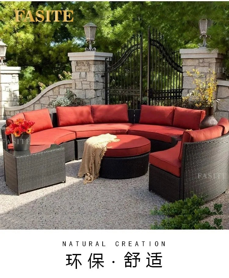 Outdoor round rattan sofa combination garden courtyard semi-circular rattan chair outdoor hotel curved living room