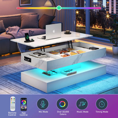 High Glossy LED Coffee Tables for Living Room, Center Table with Open Display Shelf & Large Storage Space, White Coffee Table