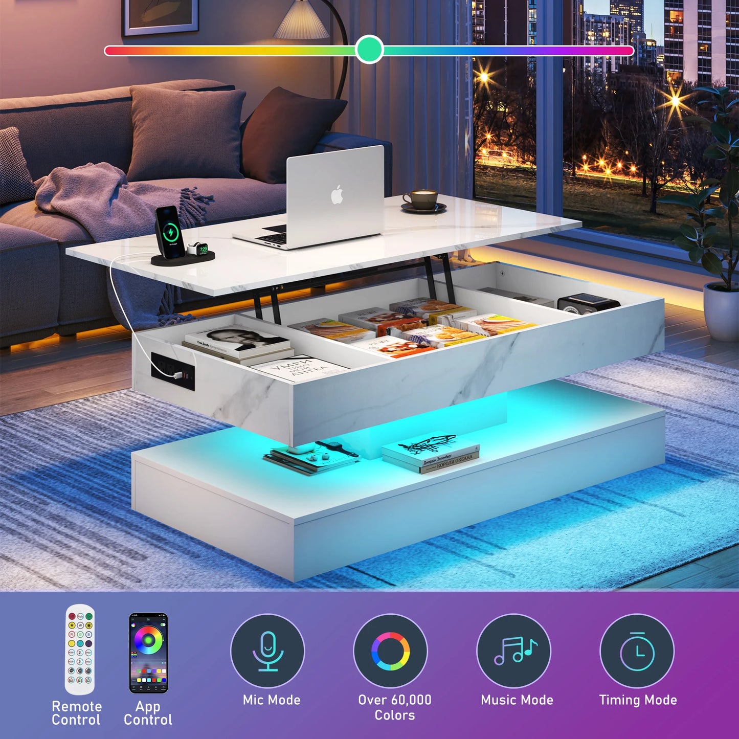 High Glossy LED Coffee Tables for Living Room, Center Table with Open Display Shelf & Large Storage Space, White Coffee Table