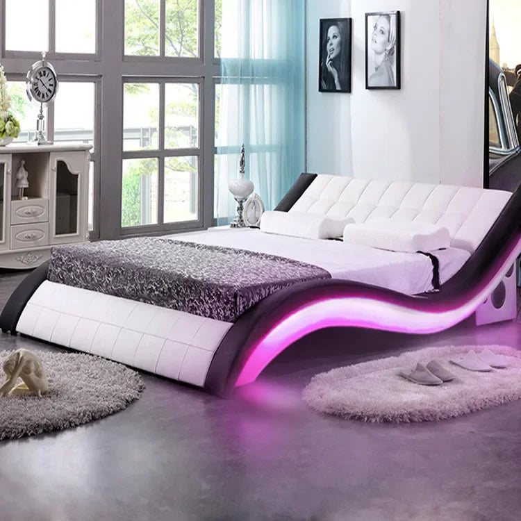 Leather Bed Furniture Master Bedroom Double Bed, Nordic, Simple Multifunctional Soft Bag Bed Smart Bed With LED Light Outlet