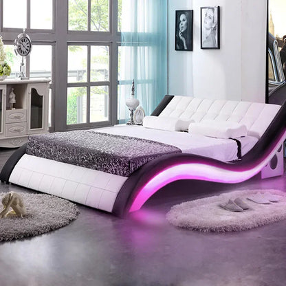 Leather Bed Furniture Master Bedroom Double Bed, Nordic, Simple Multifunctional Soft Bag Bed Smart Bed With LED Light Outlet