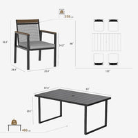 Outdoor Metal Dining Furniture Set with Umbrella Hole, Wood Grain Tabletop,，5-Piece Patio Dining Table and Chair Sets
