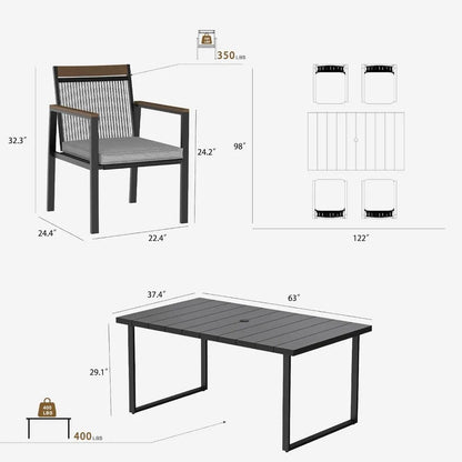 Outdoor Metal Dining Furniture Set with Umbrella Hole, Wood Grain Tabletop,，5-Piece Patio Dining Table and Chair Sets