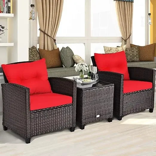 3 Pieces Wicker Patio Furniture Set, Outdoor Sofa Set with Water-Resistant Cushion & Tempered Glass Table, Outdoor Conversation