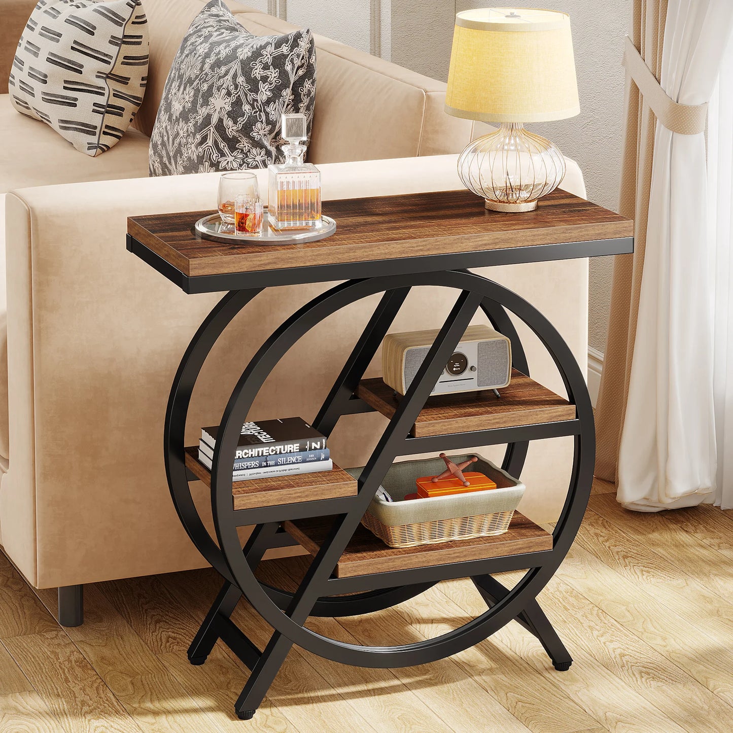 Tribesigns End Table for Living Room, 3-Tier Narrow Side Table with Storage, Wood Sofa Side Table with Geometric Metal Frame