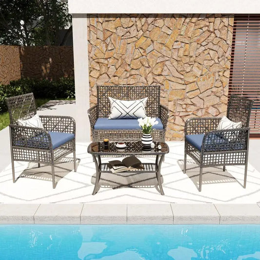 4-Pc Outdoor Patio Furniture Set, PE Rattan Wicker Garden Conversation Chairs with Tempered Glass Table & Soft Cushions for
