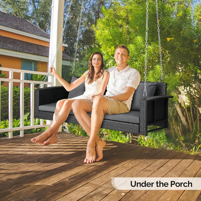 5FT Wicker Porch Swing for 3 Person 1000lb Capacity Outdoor Hanging Bench with 3 Removable Cushions in Beige Handwoven Weather-