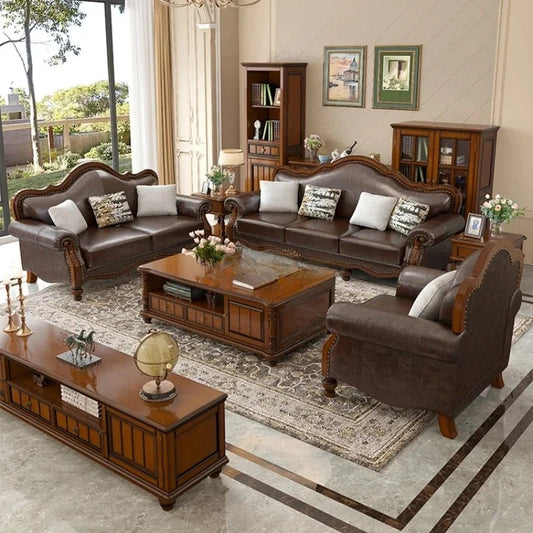 Solid wood leather sofa combination living room simple whole house furniture