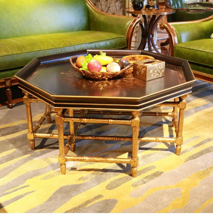 Xx French European Style Country Style Sticker Gold Foil Hand Painted Dark Black Brown Octagonal Tray Shape Coffee Table