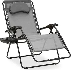 Oversized Zero Gravity Chair, Folding Outdoor Patio Lounge Recliner w/Cup Holder Accessory Tray, Pillow - Gray