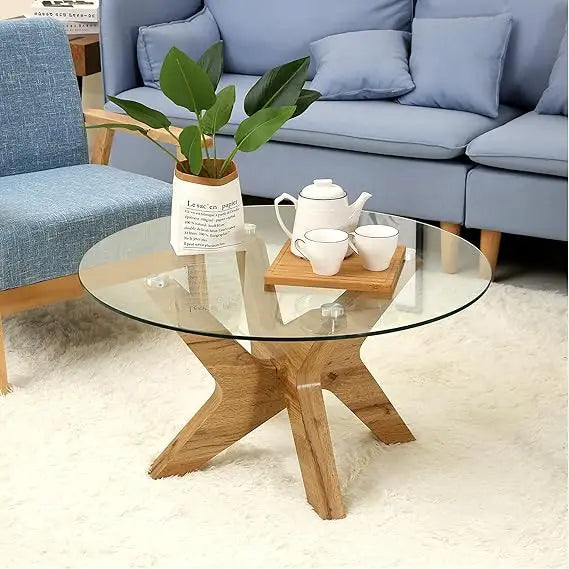 Round Glass Coffee Table, 31.5 in Clear Accent Table Cocktail Table with MDF Leg and Tempered Glass Top