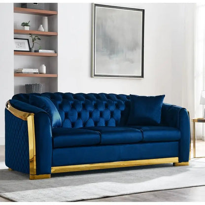 Navy Blue Velvet Chesterfield Sofa Set, Tufted 3-Seater Couch with Gold Stainless Accents for Living Room, New Package