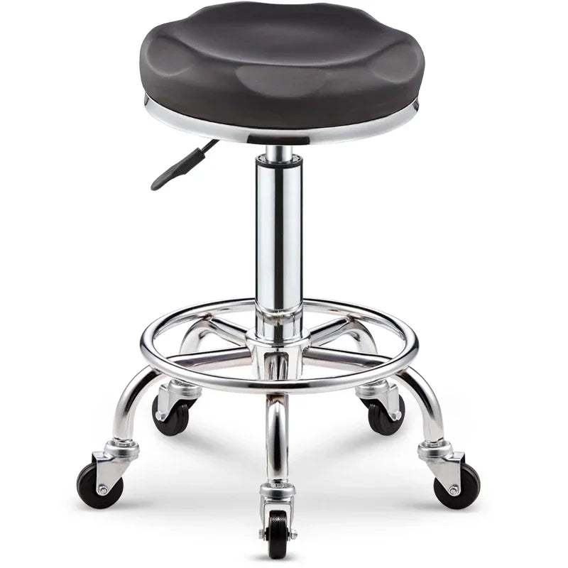Black PU Leather Rolling Stool Round Swivel Stool with Wheels Height-Adjustable Seat for Salon Tattoo or Office Use