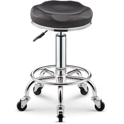 Black PU Leather Rolling Stool Round Swivel Stool with Wheels Height-Adjustable Seat for Salon Tattoo or Office Use