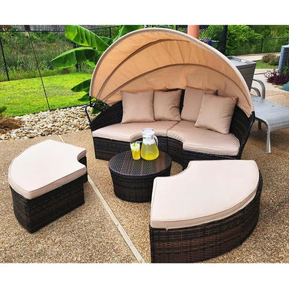 Terrace Circular Sofa Bed with  Canopy, Brown Wicker Furniture