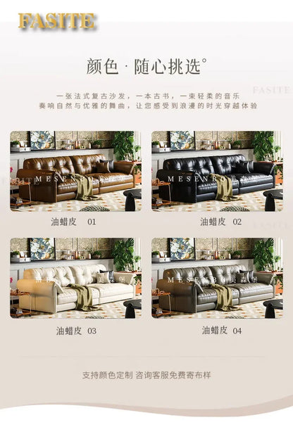 Oil wax leather sofa, French retro style, large and small apartment, living room straight combination