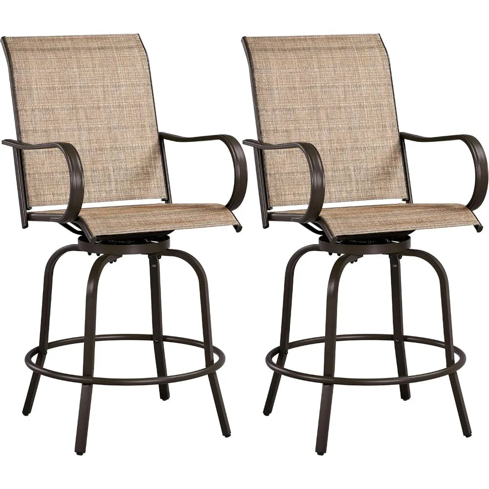 Patio Swivel Bar Stools Set of 2, All-Weather Outdoor High Bar Stools for Outdoor, Beach, Lawn, Poolside and Garden, Brown