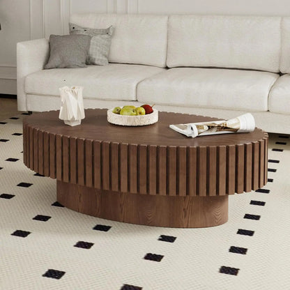 Round Coffee Table, Handcrafted Fluted Drum Coffee Tables Modern Wood Coffee Table Circle Drum Center Table For Living Room