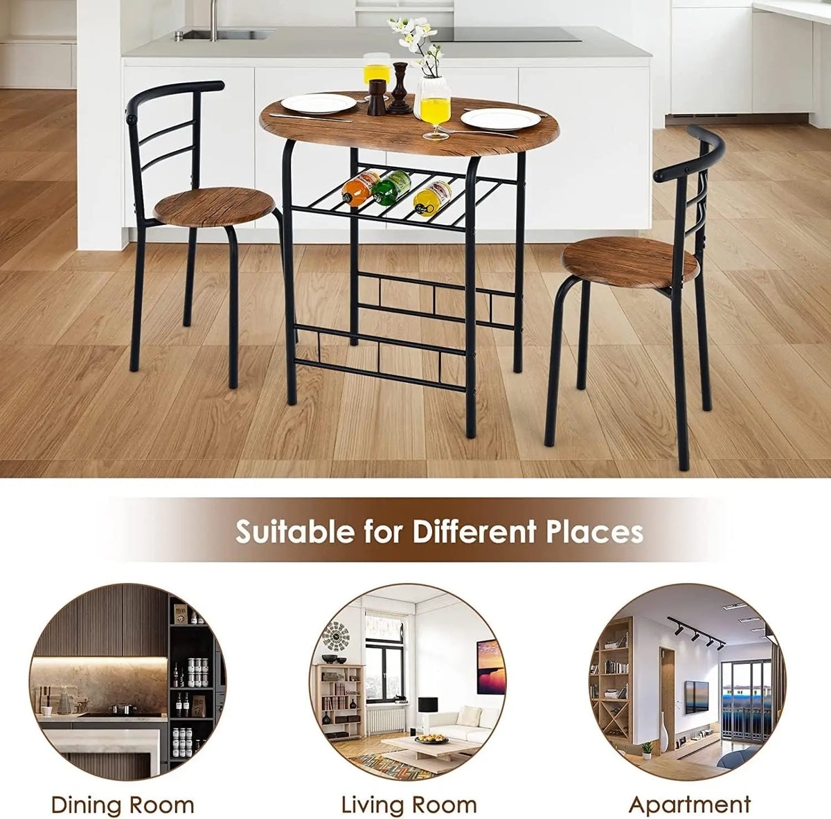 3 Piece Dining Table Set, Compact Table And 2 Chairs Set, W/Metal Frame And Storage Shelf, Breakfast Table Set For Apartment