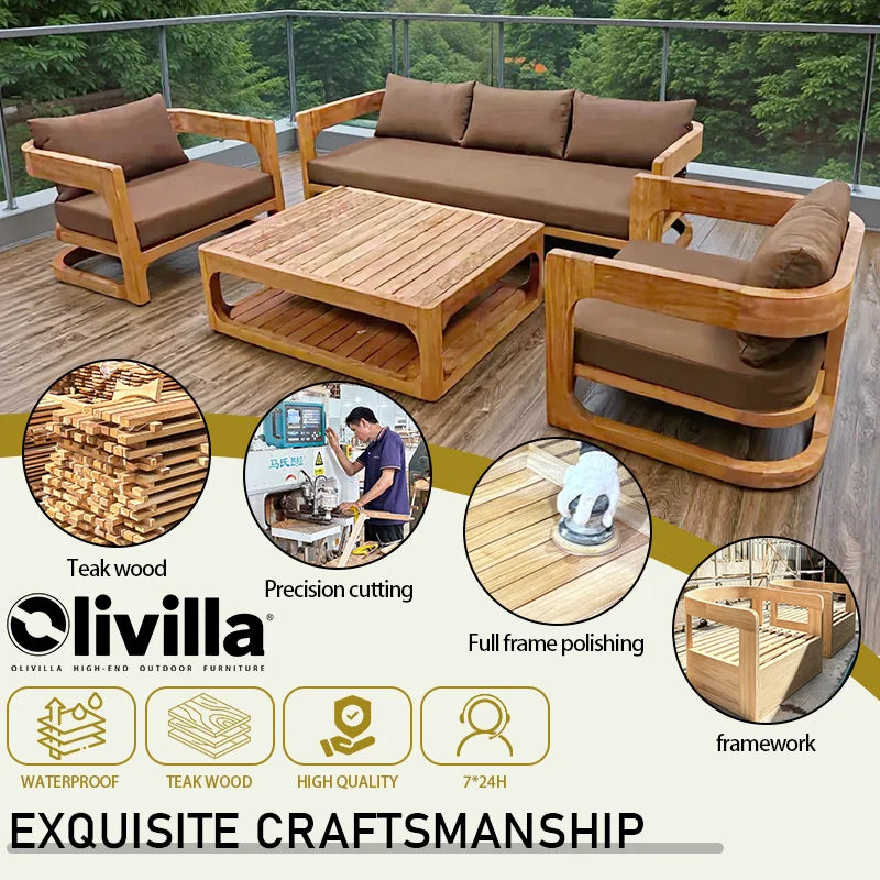 Leisure Open-air Courtyard Sofa Teak Villa Homestay Hotel Modern Outdoor Furniture Combination Waterproof Garden Wooden Sofa Set