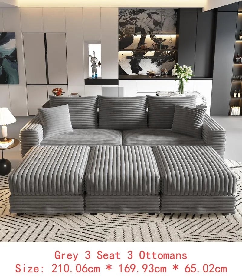82.7-inch Modern Plush Corduroy 3-Seat Sofa, Comfortable Upholstered Cloud Couch with Soft Pillows and 3 Ottomans, Convertible