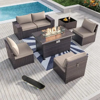 Outdoor Patio Furniture Set with 43" Gas Propane Fire Pit Table and Wicker Rattan Sectional Sofa for Conversation