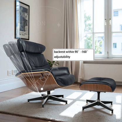 Modern Reclining Swivel Lounge Chair, With Walnut Black Genuine Leather, Ottoman Included