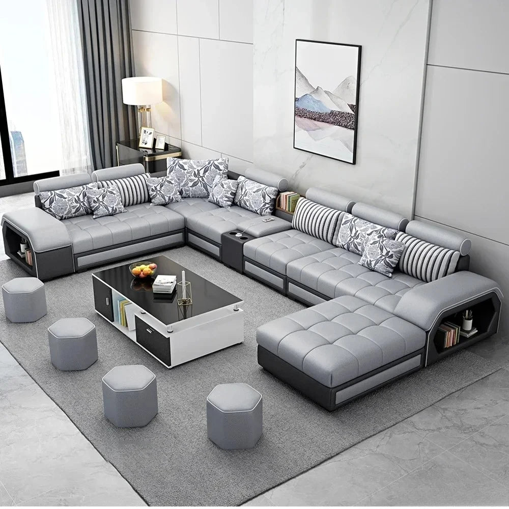 Linlamim Fabric Sofa Set Furniture Living Room Sofa Set with USB and Stools / Big U Shape Cloth Couch Sofas for Home Furniture