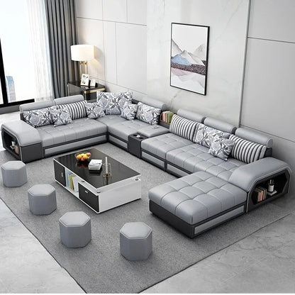 Linlamim Fabric Sofa Set Furniture Living Room Sofa Set with USB and Stools / Big U Shape Cloth Couch Sofas for Home Furniture