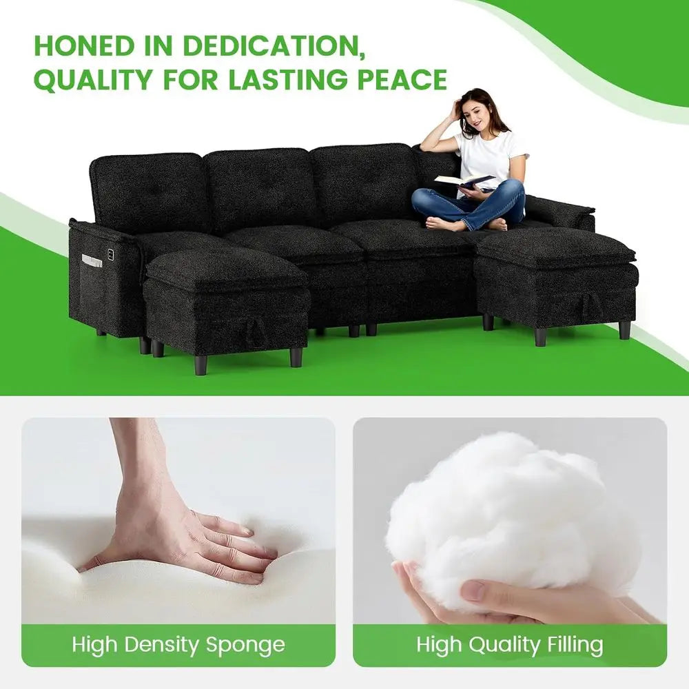 Sectional Couches with Charging, Storage Ottoman, 4-Seat LED U-Shape Sofa for Modern Living Rooms