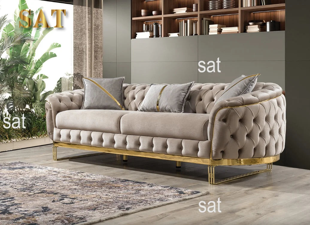 Luxury 2-3 Seater Chesterfield Sofa Hot Sales Gold Stainless Steel Frame Velvet Upholstery Sponge Filling for Hotel Home Use