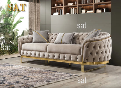 Luxury 2-3 Seater Chesterfield Sofa Hot Sales Gold Stainless Steel Frame Velvet Upholstery Sponge Filling for Hotel Home Use