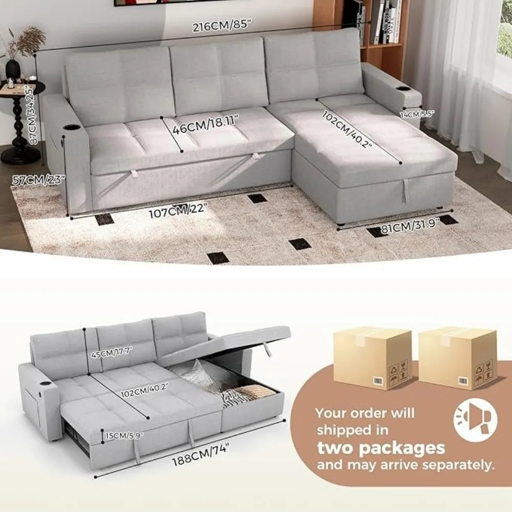 85 inch Large Sleeper Sofa Bed with Storage,L Shaped Sectional Couch Bed,2 in 1 Pull Out Couches with Convertible Chaise
