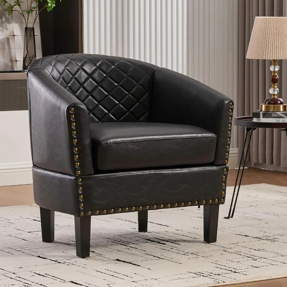 Barrel Chair Living Room Chair, Upholstered Sofa Club Chair with Nail-Heads and Solid Wood Legs for Bedroom, Offic