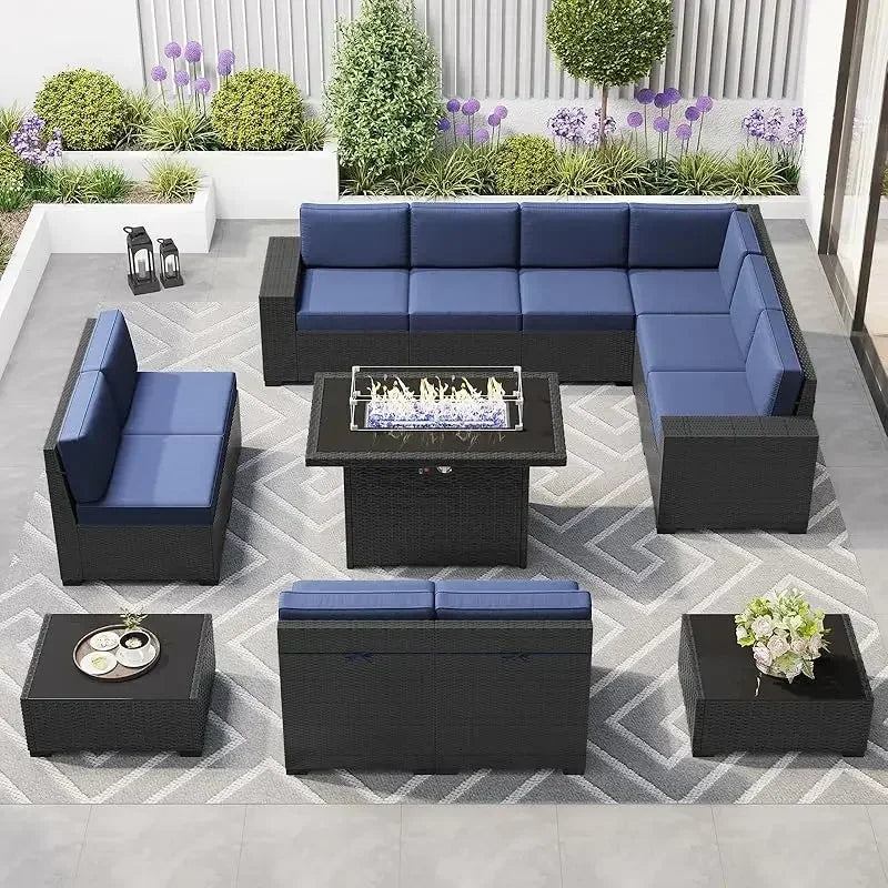 PatioLix 8 Piece Patio Furniture with 44"Propane Gas Fire Pit Table. Outdoor Sectional Conversation Set Wicker Rattan Sofa