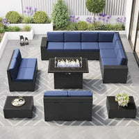 PatioLix 8 Piece Patio Furniture with 44"Propane Gas Fire Pit Table. Outdoor Sectional Conversation Set Wicker Rattan Sofa