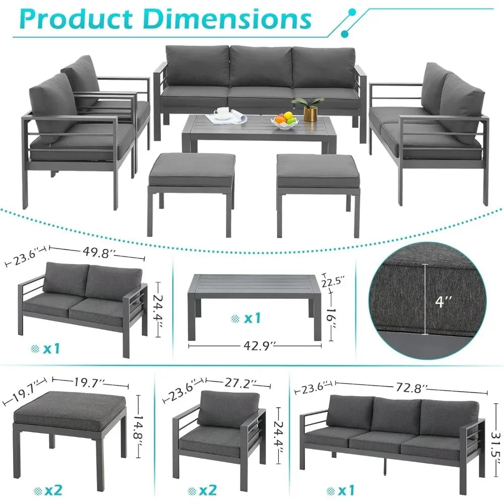 Aluminium modern patio furniture with coffee table, 7-piece outdoor conversation set, dark grey cushions, suitable for balcony