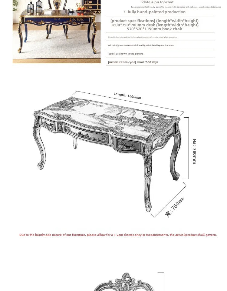 Royal Blue Hand-Painted Solid Wood French-Chinese Dining Set Dining & Study Dual Use