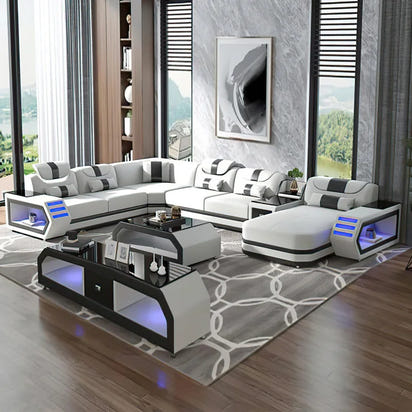 Modern Living Room Sofa Set Genuine Leather Sofas with USB Music Speaker