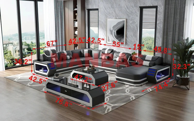 Modern LED Light Genuine Leather Sectional Sofa Set with Storage Shelves, USB Charging Ports, Cup Holder and Contemporary Design