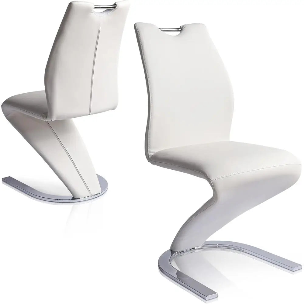 Pair of Modern White PU Leather Upholstered Dining Chairs with Metal Legs for Kitchen or Dining Room