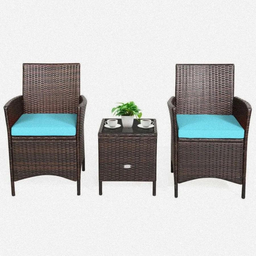 3 Pieces Patio Cushioned Rattan Converstaion Set With Glass Table Top