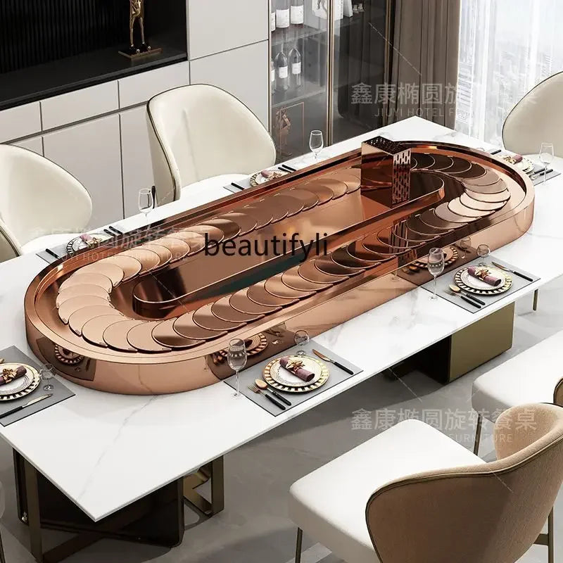Rectangle electric vegetable turntable Oval stainless steel conveyor belt home dining table Automatic rotary display turntable