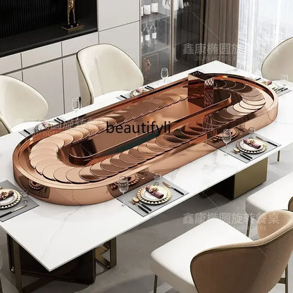 Rectangle electric vegetable turntable Oval stainless steel conveyor belt home dining table Automatic rotary display turntable