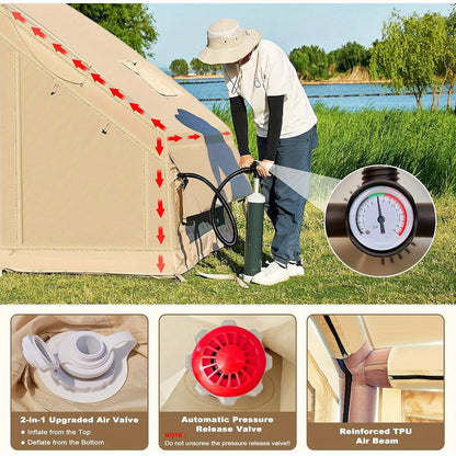 4-6 Person Inflatable Tent - Quick Setup Air Tent with Stove Jack, 420D Oxford (PU2000), 15cm Air Beams, 2 Doors & Windows