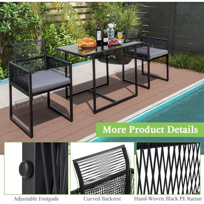 3 Pieces Outdoor Dining Set, Patio PE Rattan Furniture Set with Folding Backrest, Cozy Seat Cushions, Tempered Glass