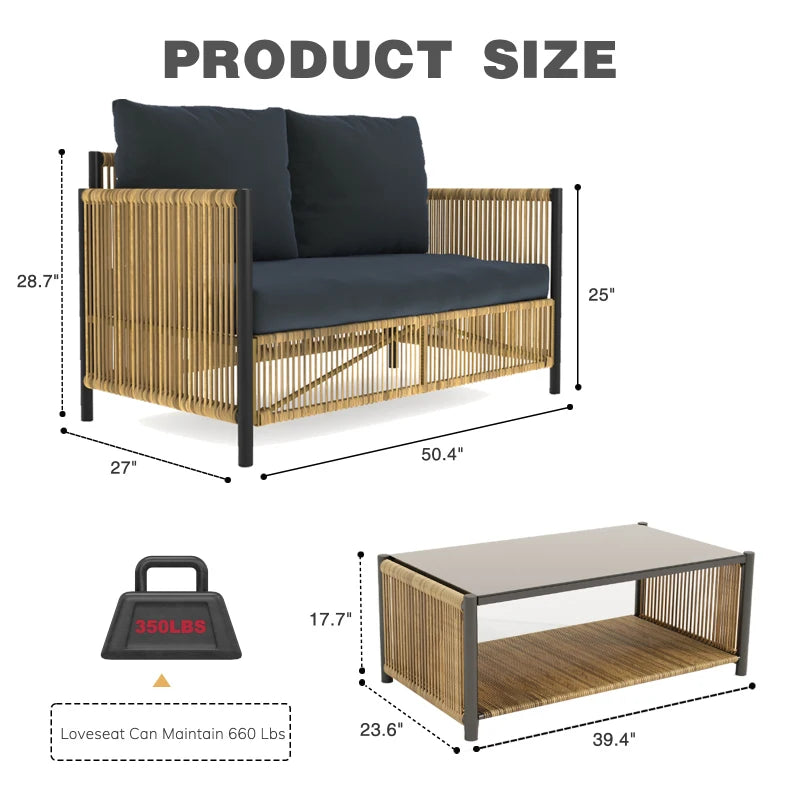 New Comming Outdoor PE Brown Wicker 2Seats Sofa With Grey Cushion And Table Set The Fabric Uses Polyester Material Black Brown