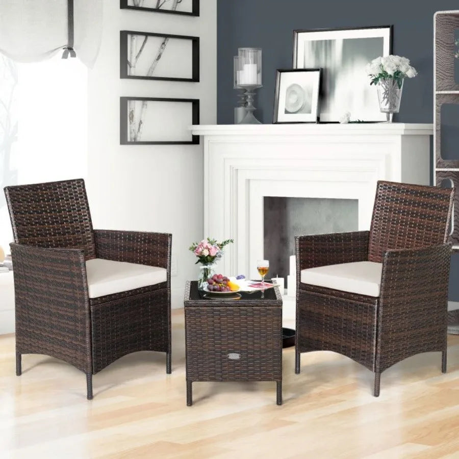 3 Pieces Patio Cushioned Rattan Converstaion Set With Glass Table Top