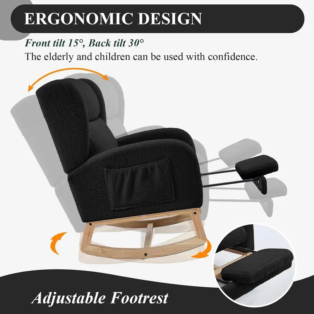 Nursery Rocking Chair with Footrest, Teddy Bear Upholstered Glider Chair, Nursery Gliding Recliner with Pocket, Living Room Glid