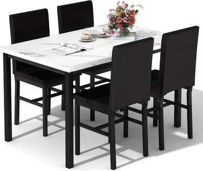[Discounted Price!]Dining Table Set for 4, Modern Kitchen & Dining Room Sets Faux Marble Table with 4 Leather Chairs for Small S